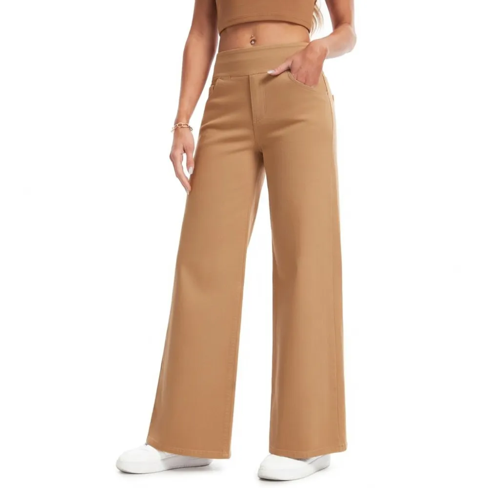 Women’s High Waisted Stretch Wide Leg Jeans – Pull On Tummy Control Elastic Waist Denim Pants with Pockets