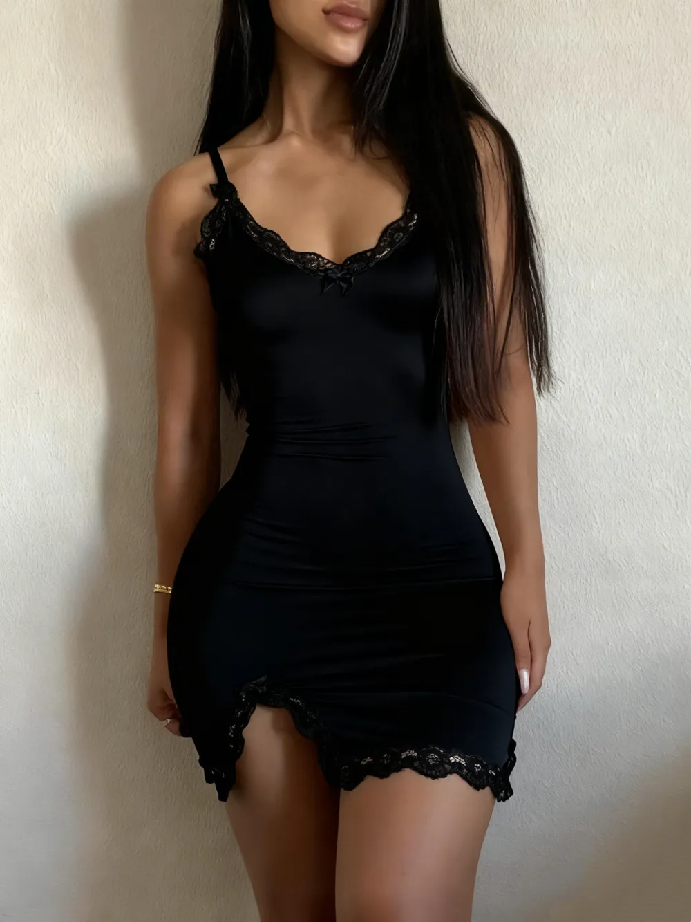 Women's Colorblock Contrast Lace Bow Decor Split Hem Cami Dress