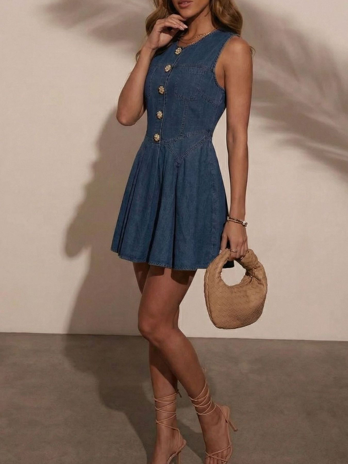 Button Decor Sleeveless Denim Dress
