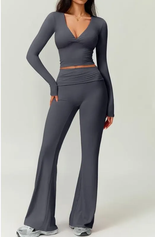 Women's High Elastic Soft V-Collar Flared Pants Set