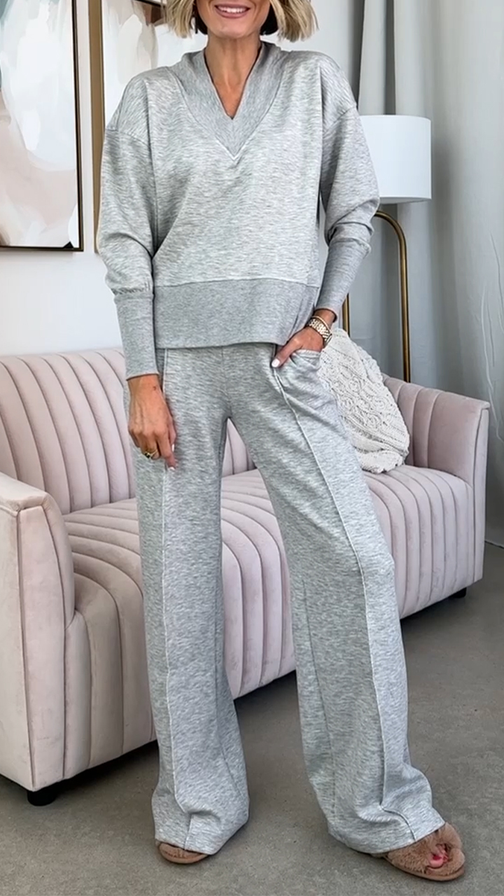Women V-neck Patchwork Top + Pants Casual Suit