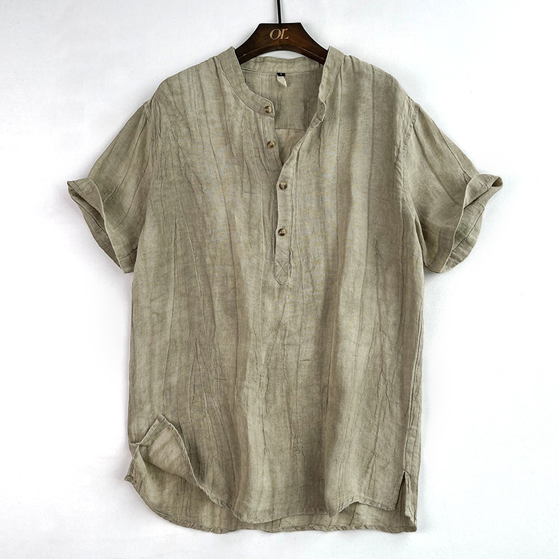 Vintage Linen Solid Henley Collar Shirt