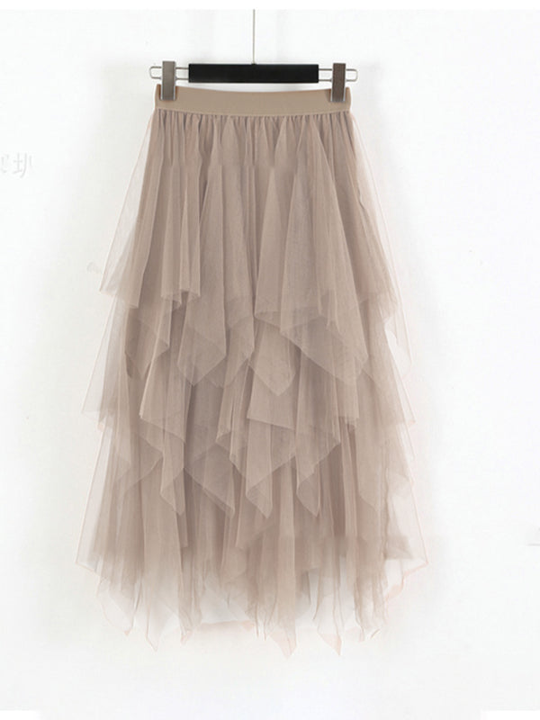 Fairy Mesh Splicing Solid Color High Waist Midi Skirt