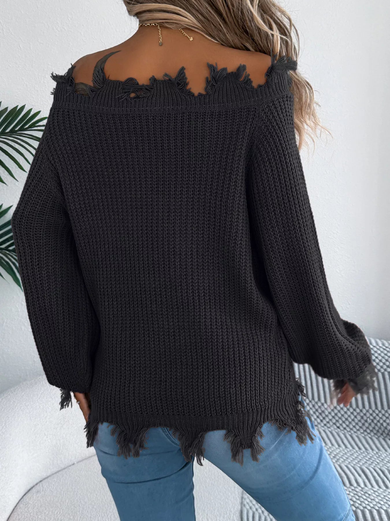 Distressed Hem Openwork Off-Shoulder Sweater