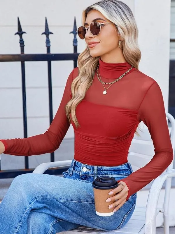 Women's Plain Round Neck Sheer Mesh Patchwork Long Sleeve Sexy Top