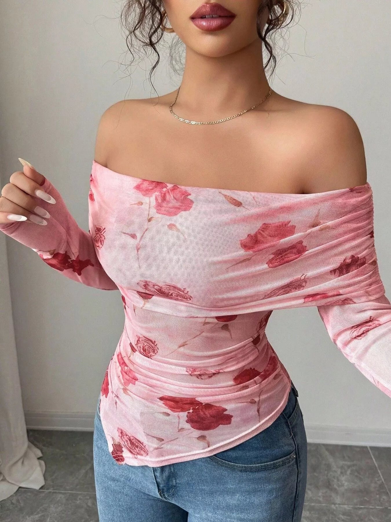 Floral Print Off-Shoulder Mesh Top