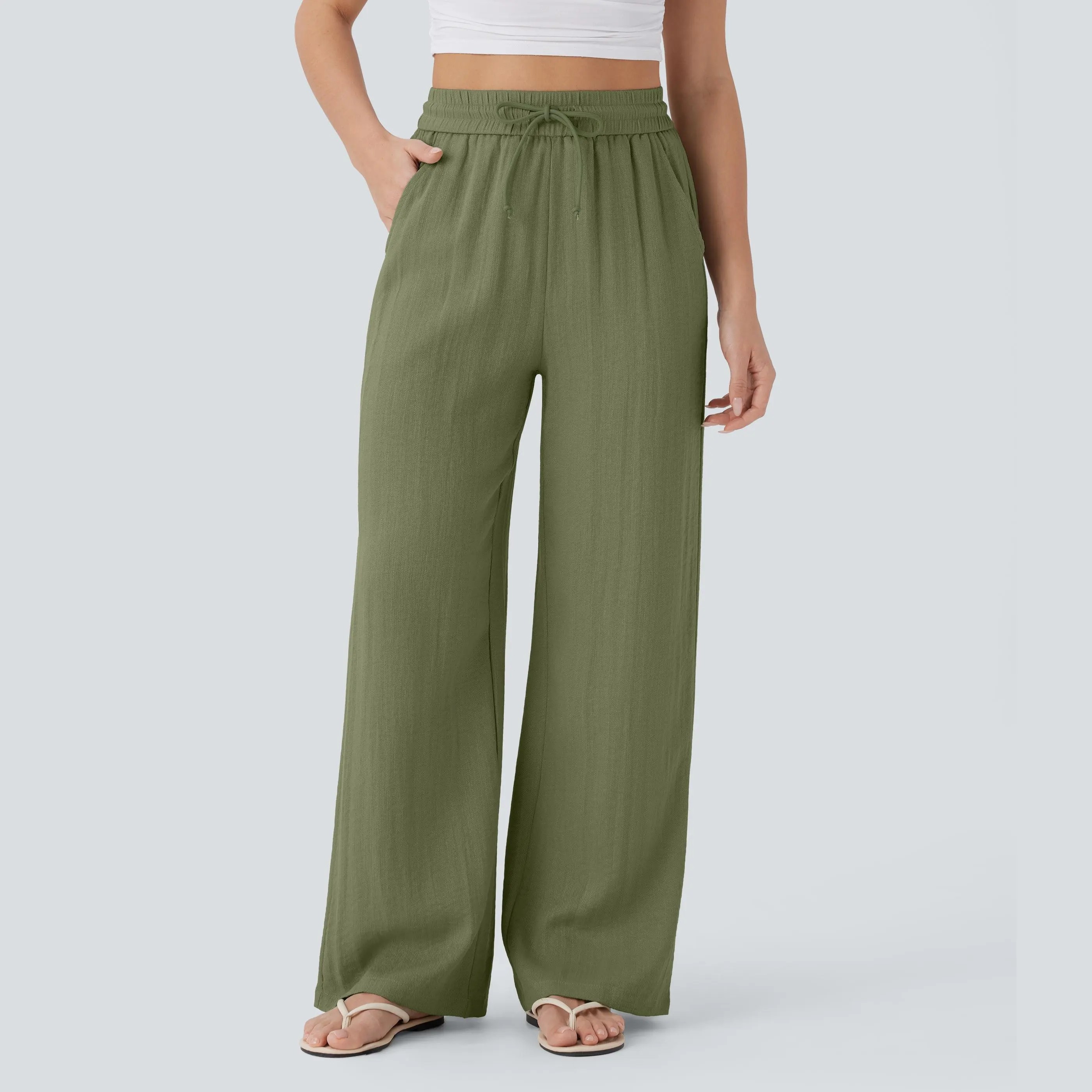🔥🔥Easter Sale!!High Waisted Drawstring Pocket Wide Leg Casual Linen-Feel Pants