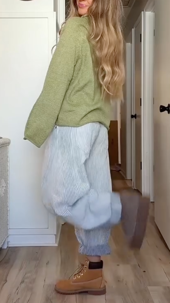 Women's Round Neck Sweater + Striped Trousers Casual Suit