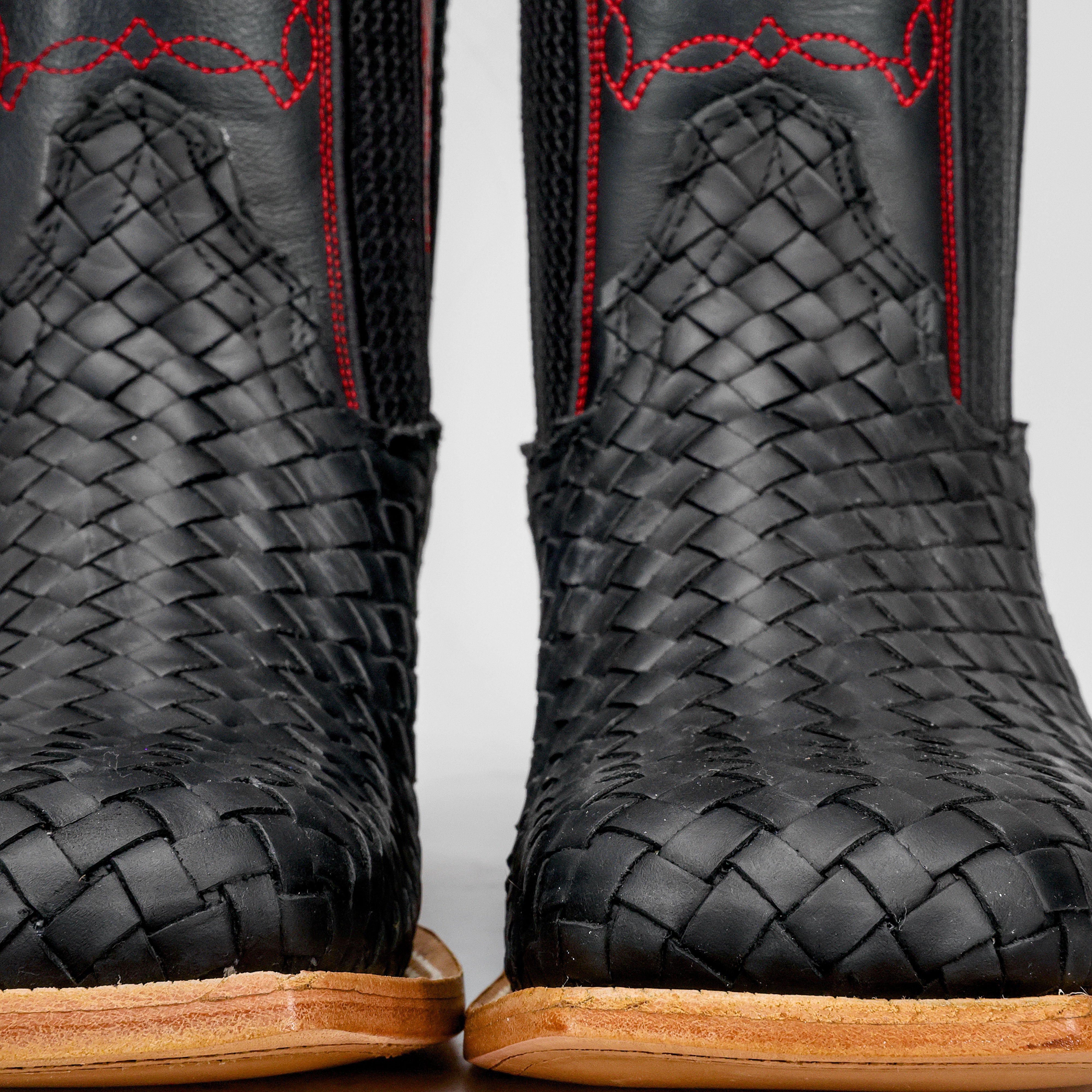 Black Basketweave Leather Boots - Square Toe