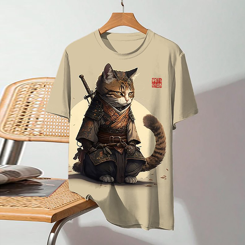 Men's Japanese Style Samurai Cat Art Print Short Sleeve T-Shirt