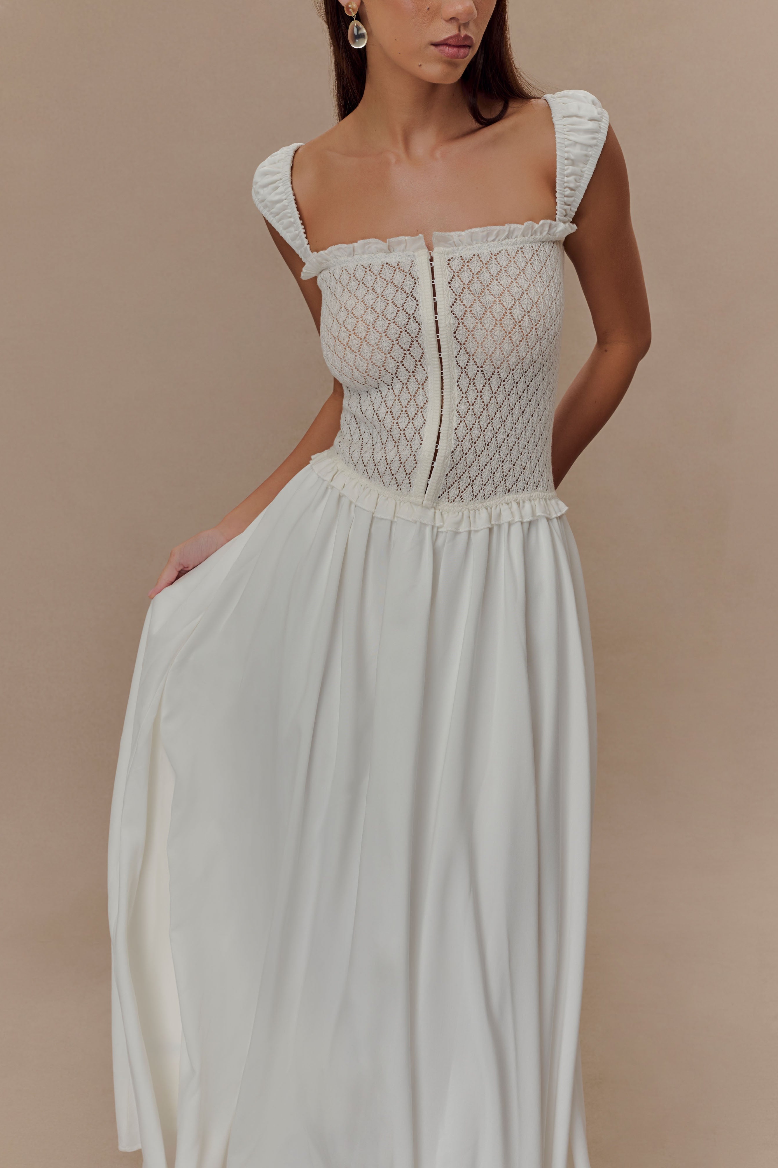 White Pointelle Knit Midi Dress