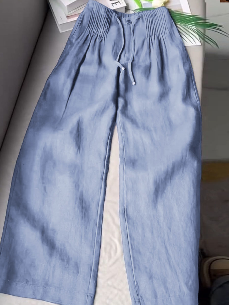 Women's Solid Color Pleated Drawstring Casual Cotton and Linen Wide Leg Pants