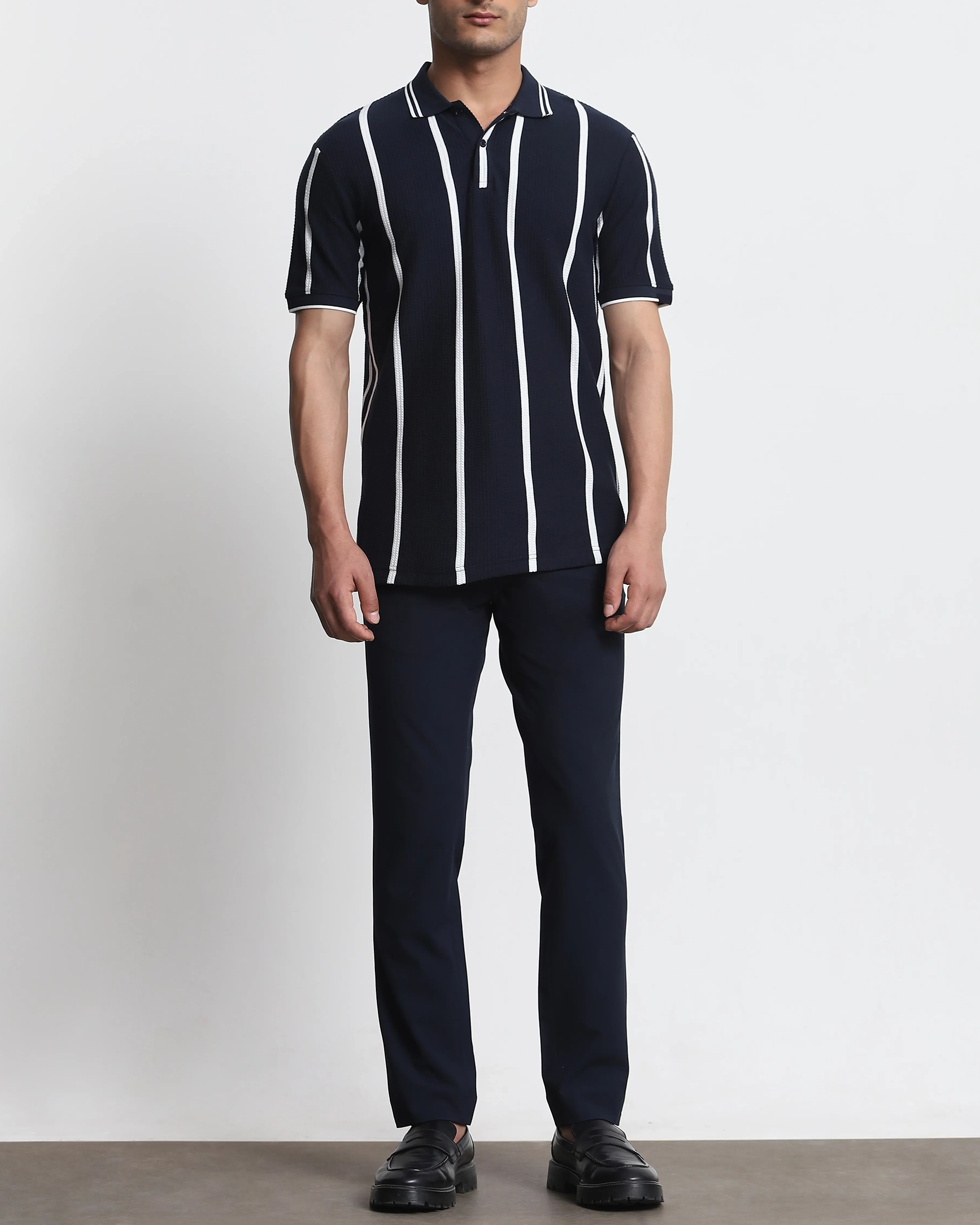 Daily Simple And Slimming Navy Striped Polo Shirt