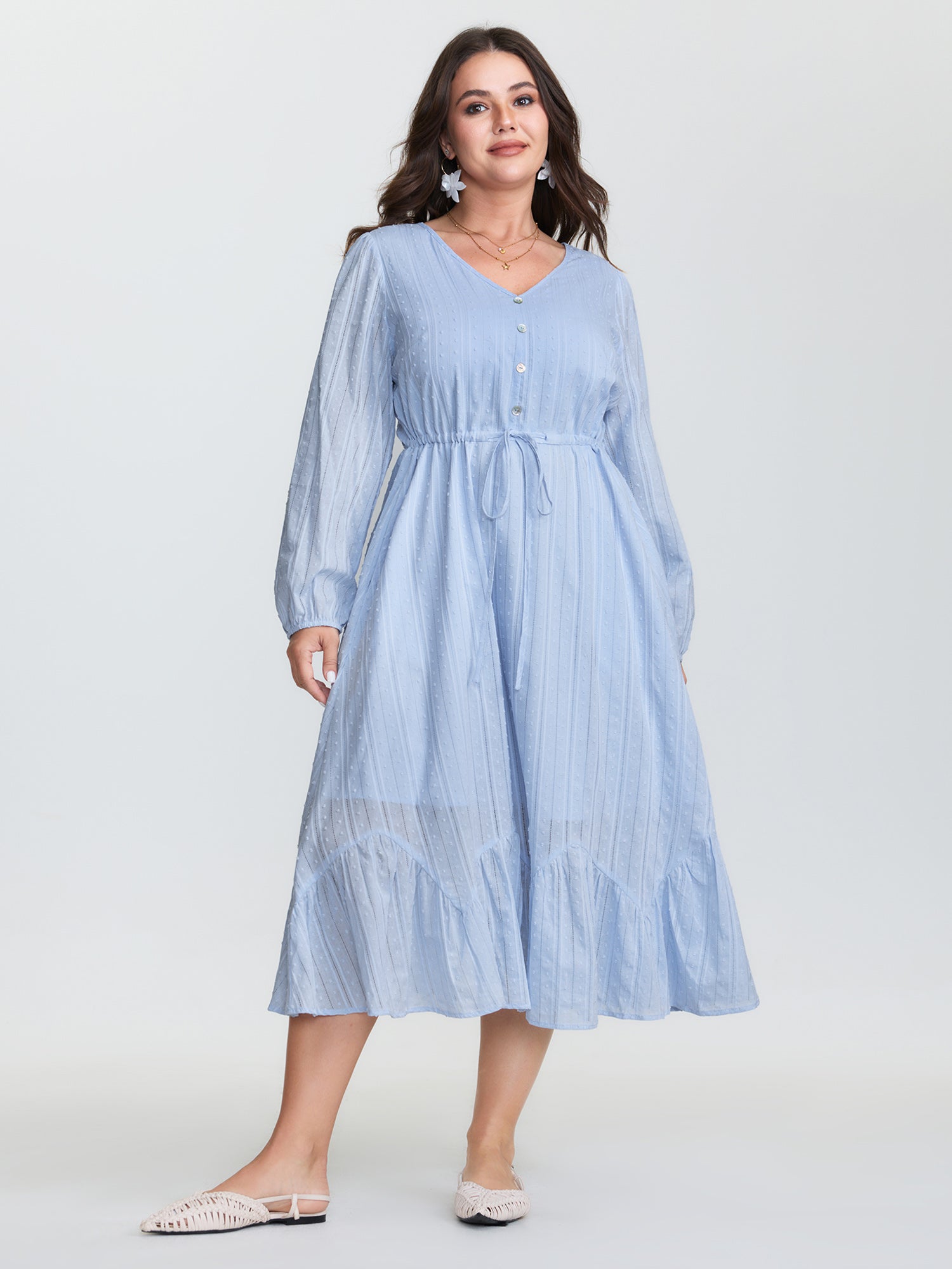 Cotton Striped Waist-Drawstring Tiered Midi Dress