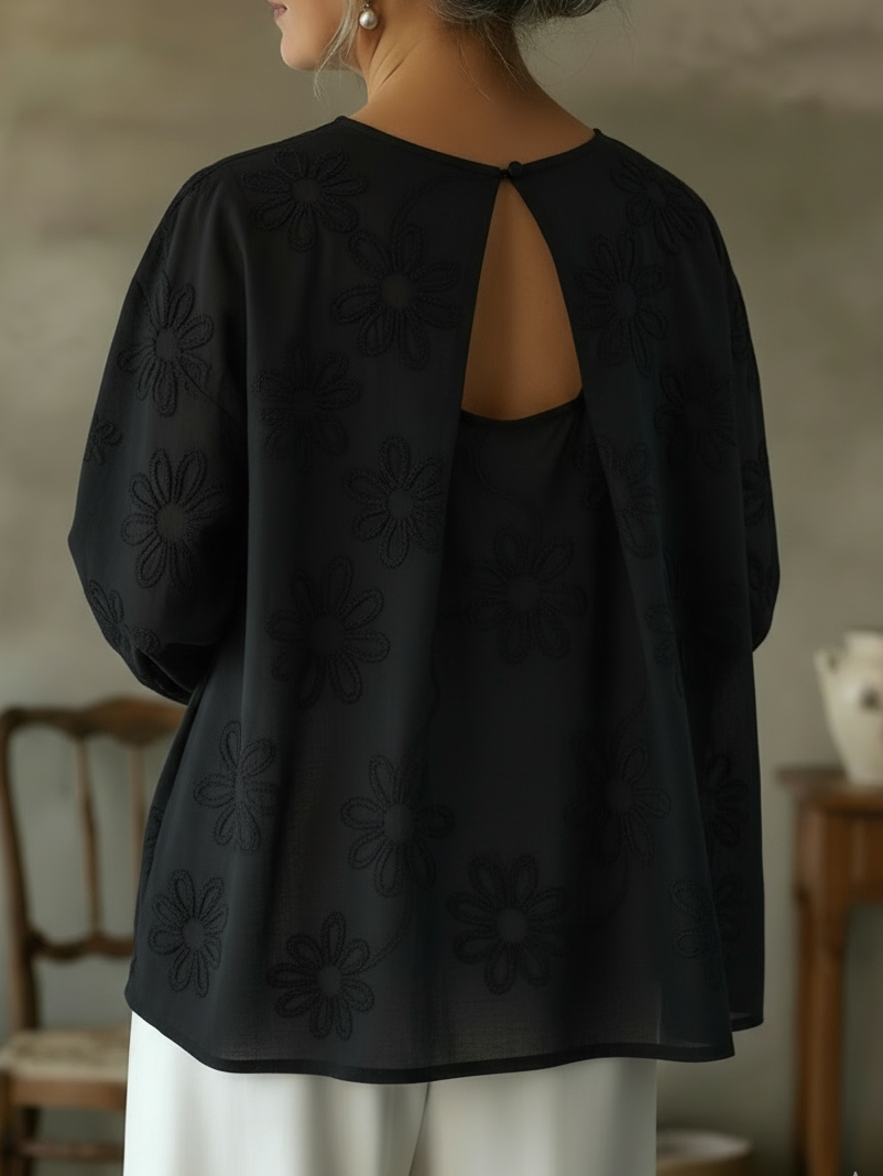 Romantic Floral Embroidered Cutout Design Blouse Shirt