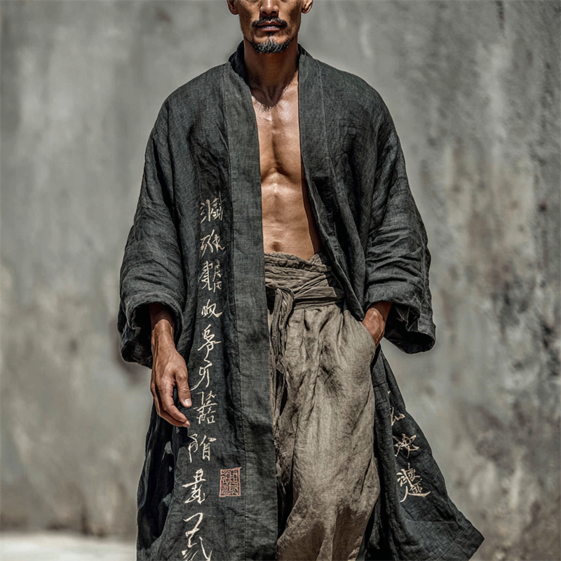 Men's Japanese Calligraphy Art Long Linen Kimono
