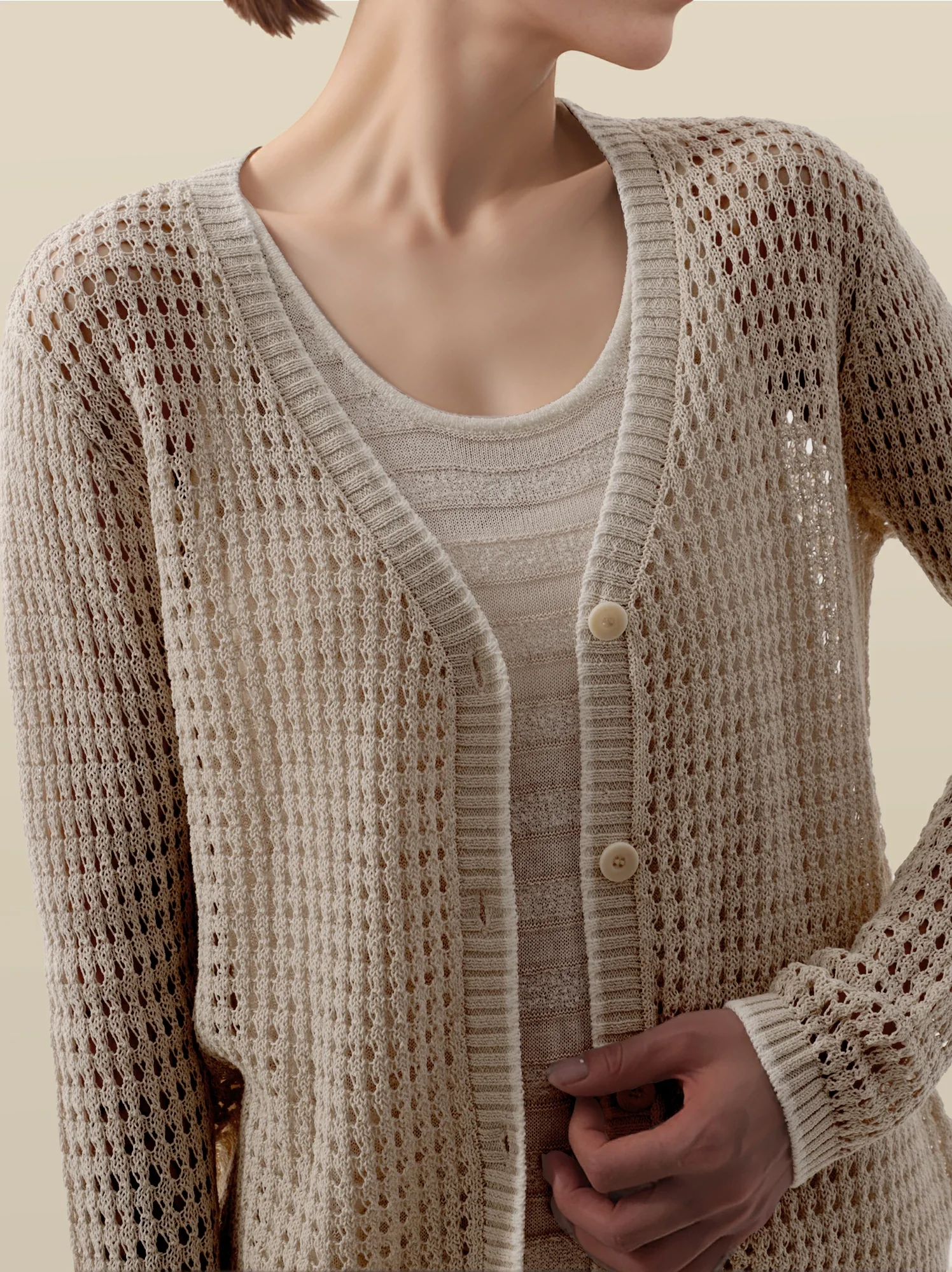 Cotton & Lyocell Long Sleeve Waffle Knit Cardigan