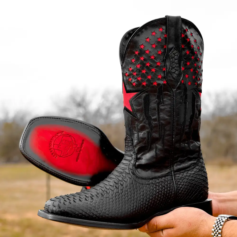 Matte Black Python Leather Boots - Square Toe