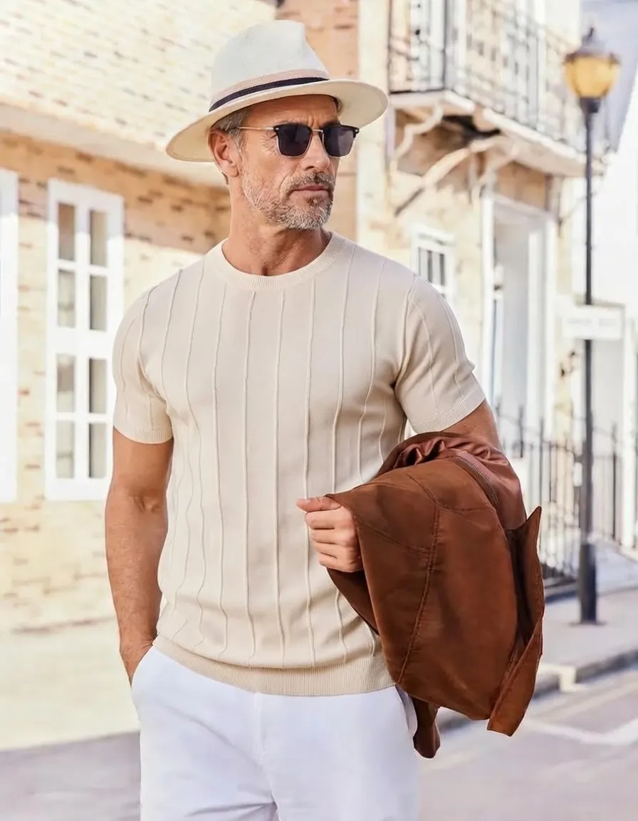 Last Day Promotion 🔥🔥 Crewneck Ribbed Pullover Men's T- Shirts Short Sleeve Knit Casual Tees