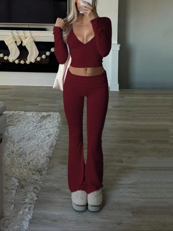 Elegant Casual V-Neck Long Sleeve Basic Two-Piece Outfit Set