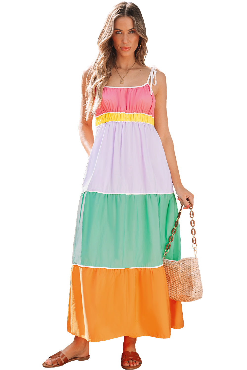 Multicolour Colorblock Self-Tie Straps High Waist Flowy Maxi Dress With Pockets