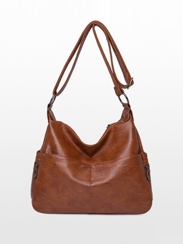 Vintage Solid Color Split-Joint Leather Shoulder Bag