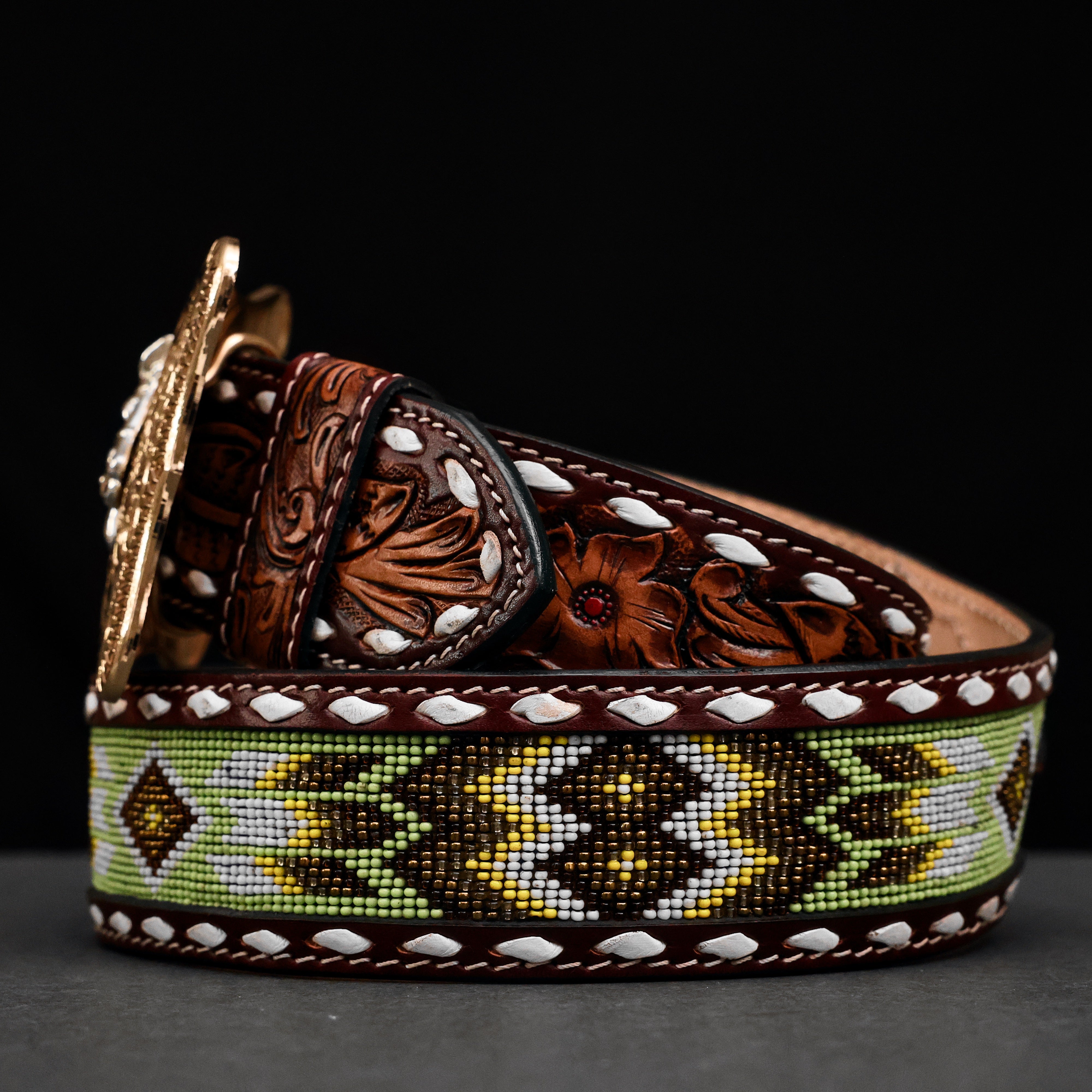 2 Inch Hand-Tooled Artesanal Beaded Leather Belt