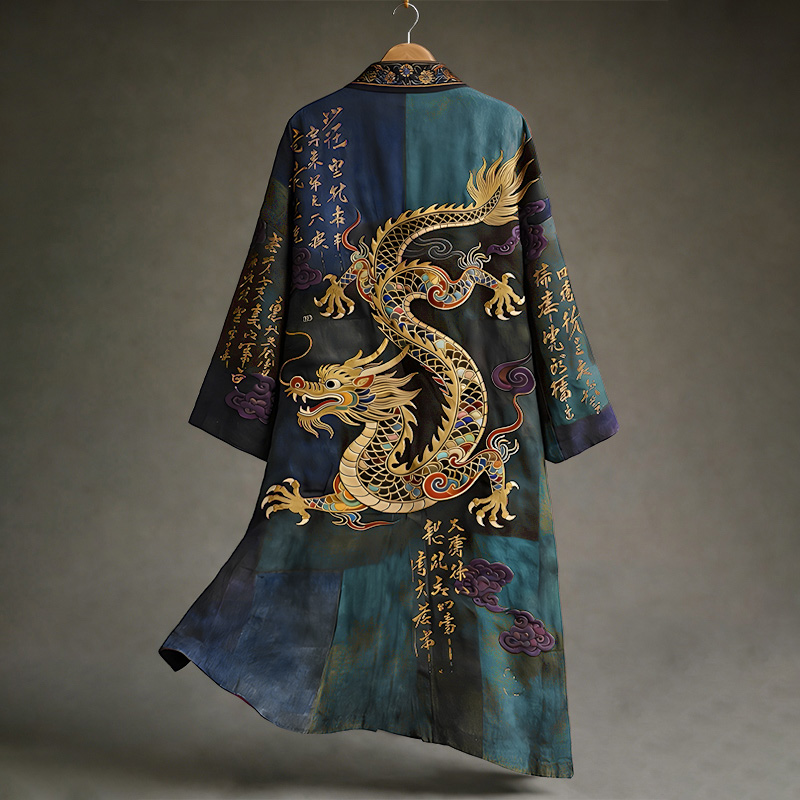 Men's Vintage Japanese Calligraphy Dragon Art Pattern Linen Blend Kimono