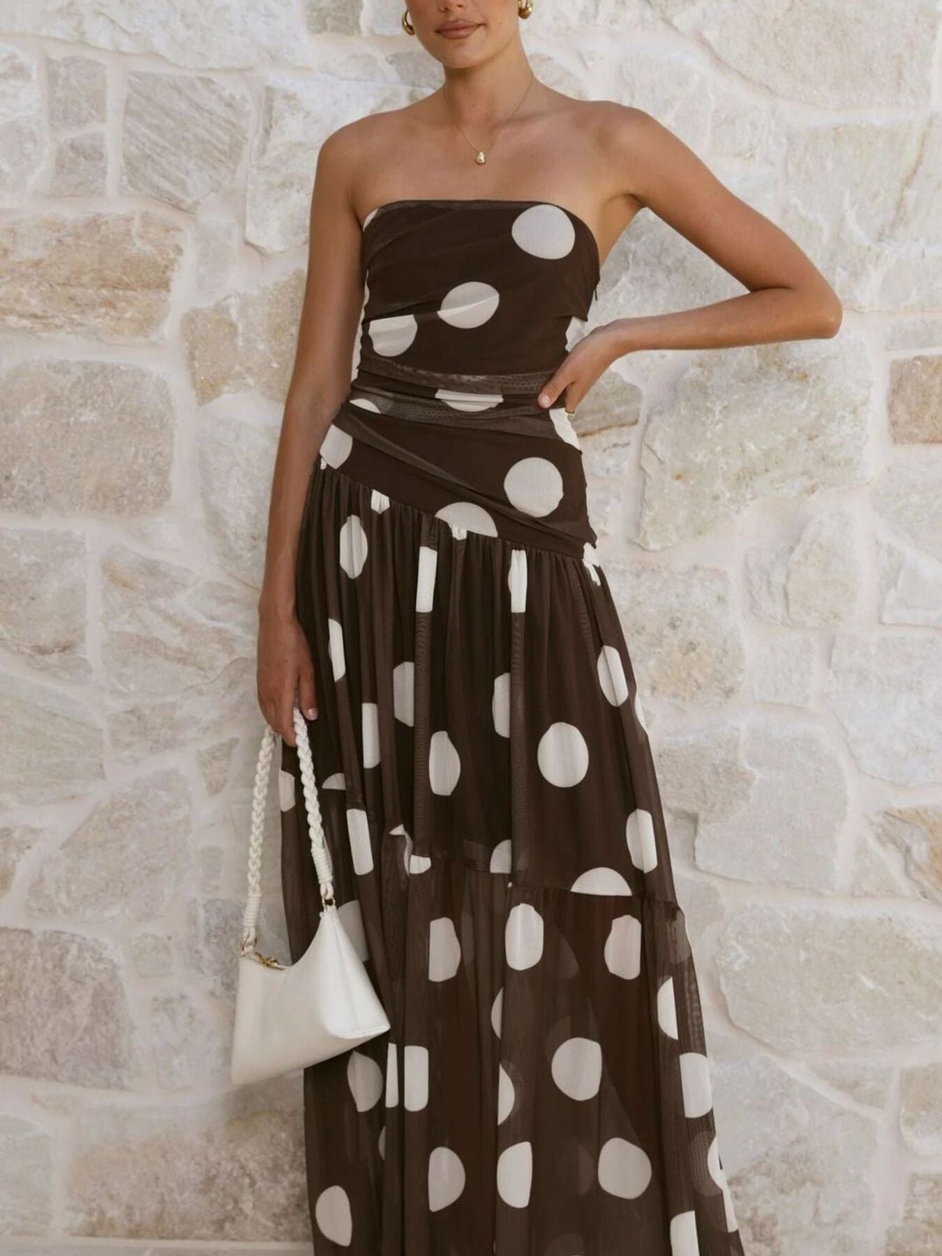 Polka Dot Strapless Ruched Maxi Dress