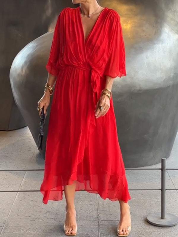 Women Stylish and elegant V-neck chiffon midi dress