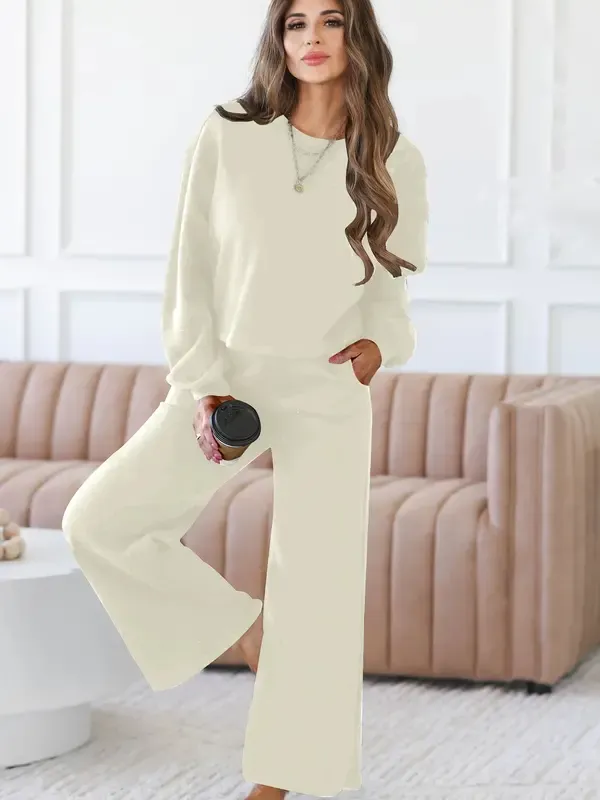 Women's Spring Fall Relaxed Fit 2-Piece Lounge Set | Long Sleeve Top & Wide Leg Pants
