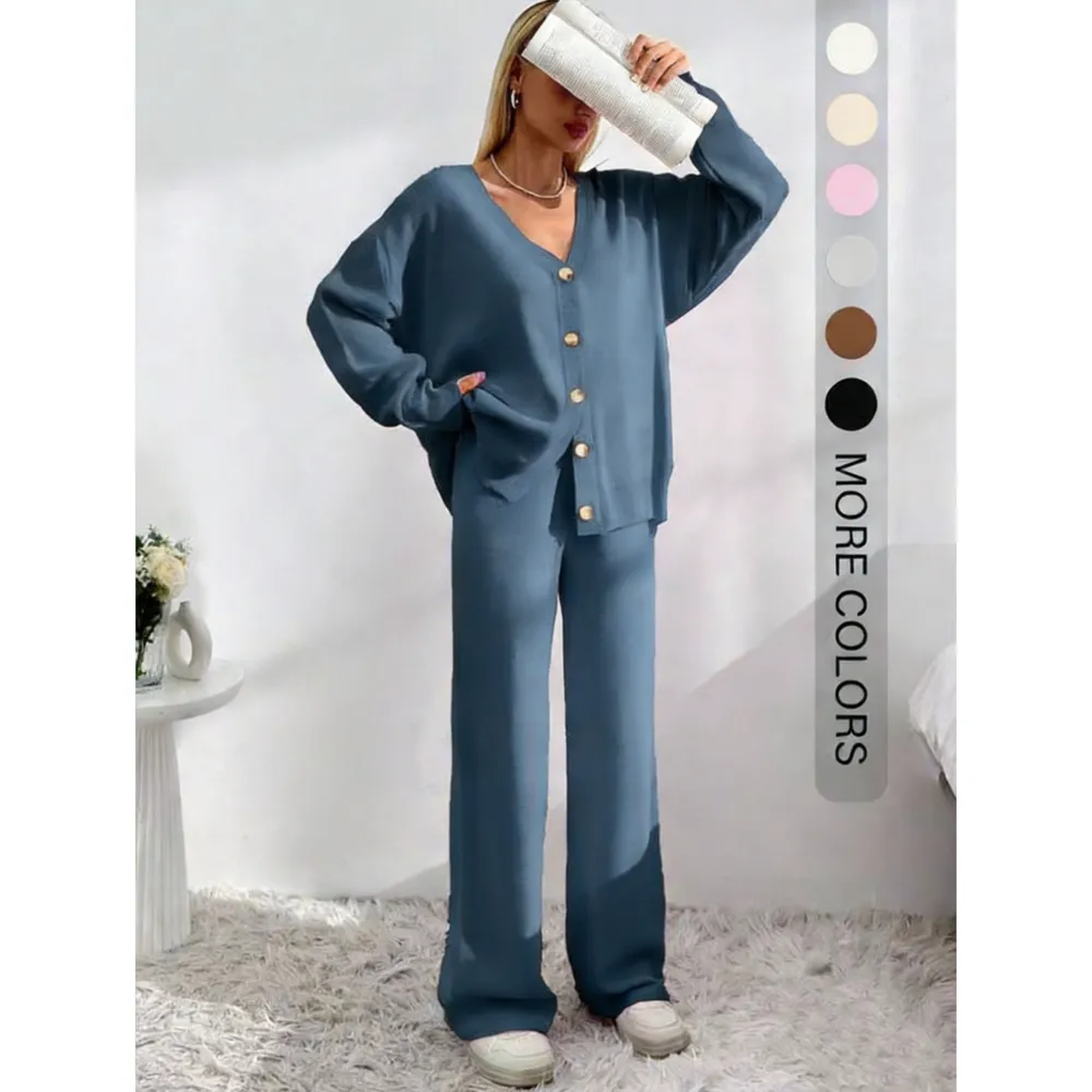Women's Button Front V-Neck Cardigan & Wide Leg Pants Set