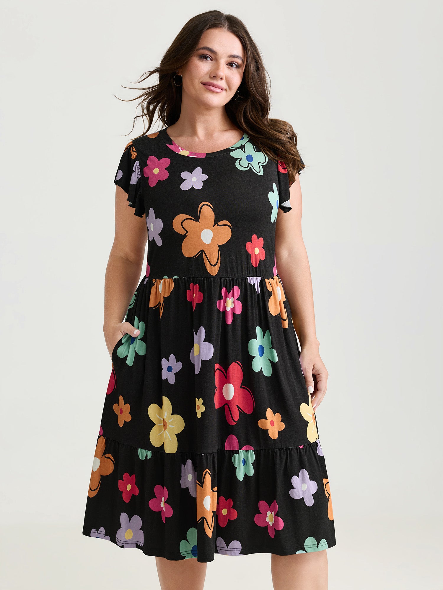 Bright Floral Print Flutter Sleeve Midi Dress