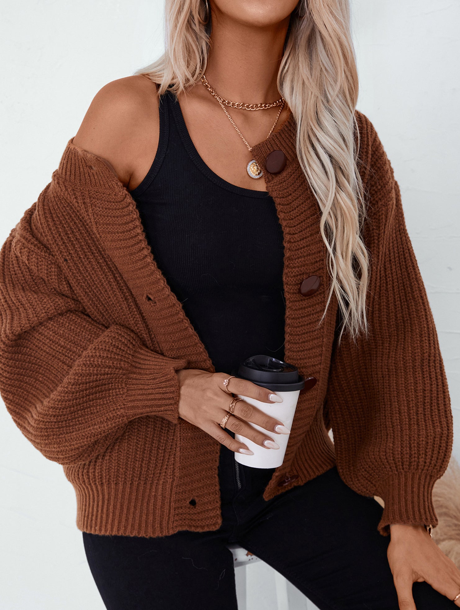 Solid Color Button Knit Cardigan Sweater