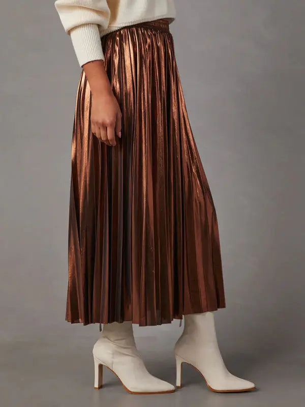 Shiny Pleated High-Waisted A-Line Midi Skirt