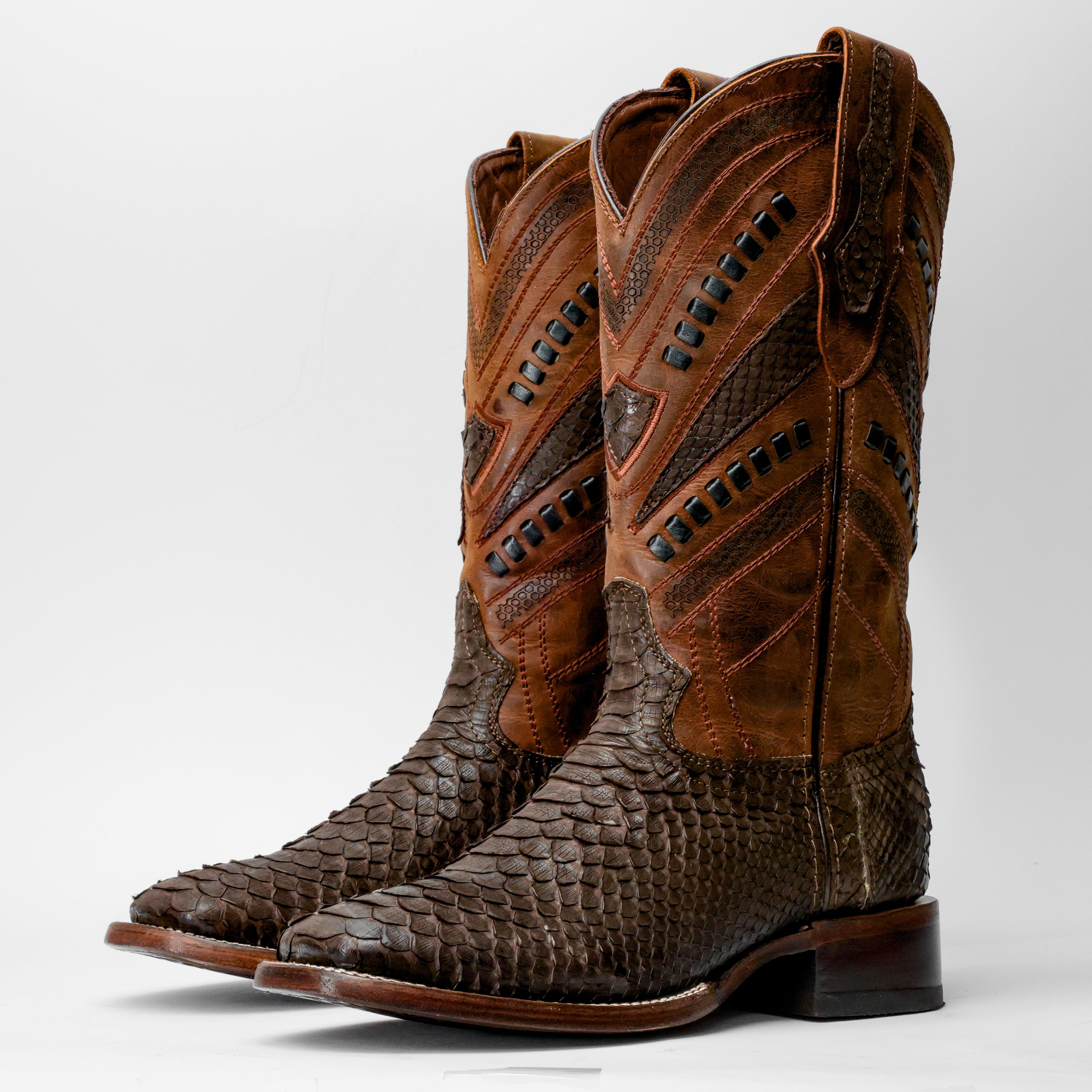 Matte Brown Genuine Python Boots - Square Toe