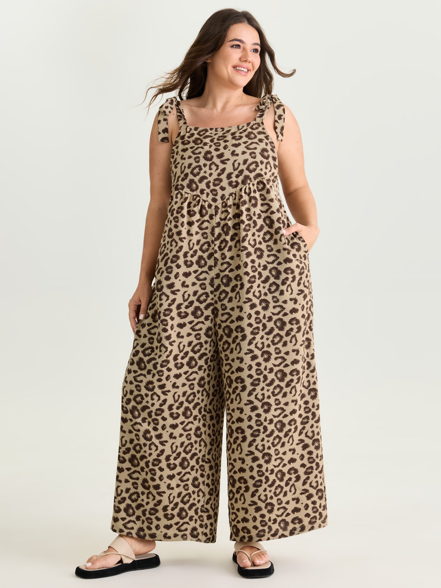 Leopard Print Pockets Shoulder Ties Jumpsuit