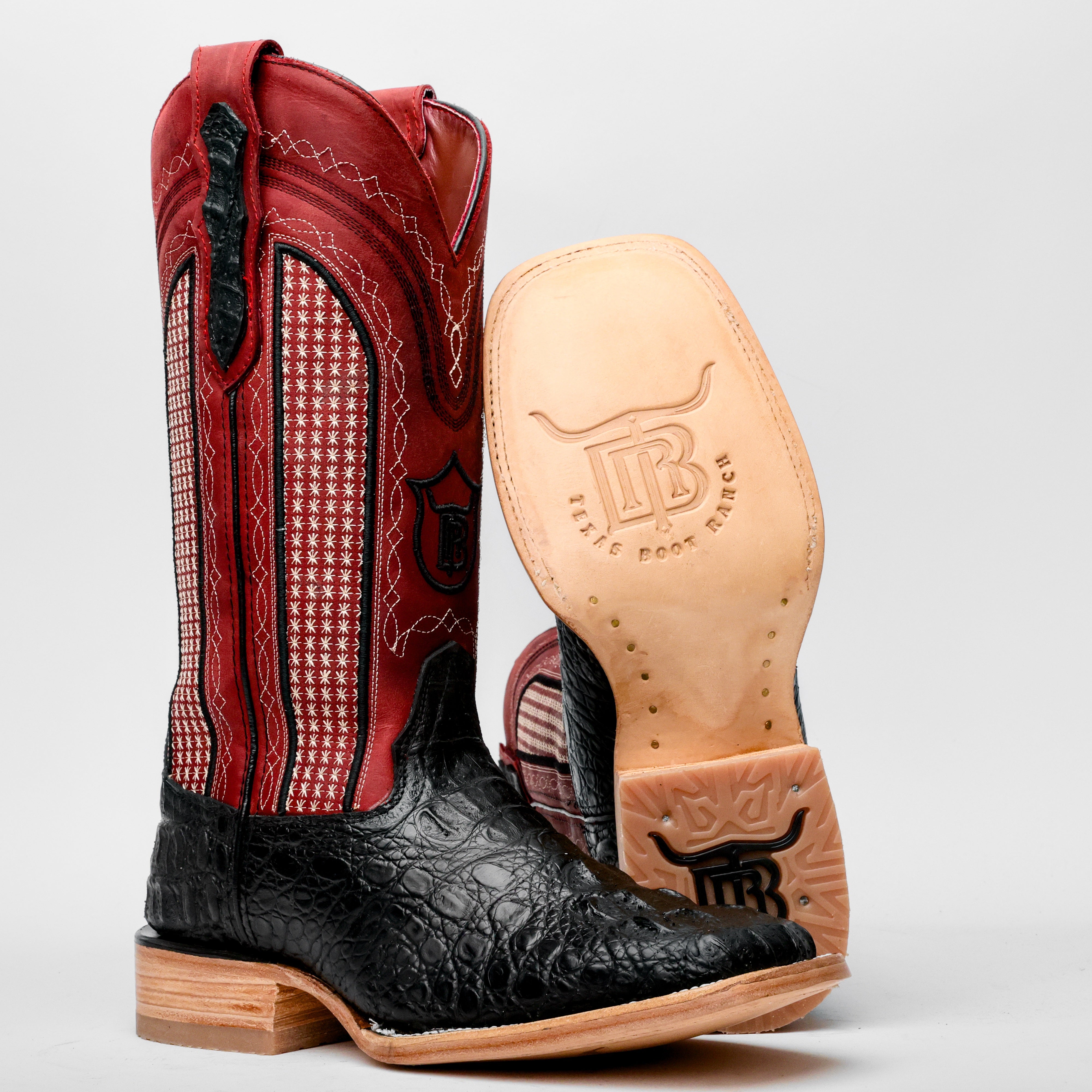 Black Caiman Neck Leather Boots - Square Toe