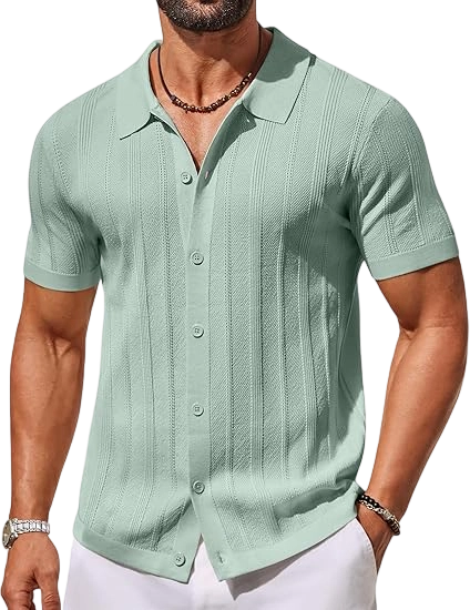 Men's Knit Button Down Shirts Short Sleeve Polo Shirt Casual Vacation Summer Beach Shirts