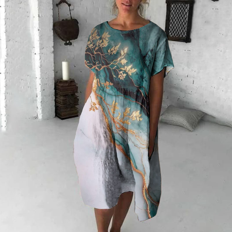 Vintage Marble Texture Collection Retro Bohemia Women Style Gradient Gilded With Gold Floral Pattern Linen Maxi Dress