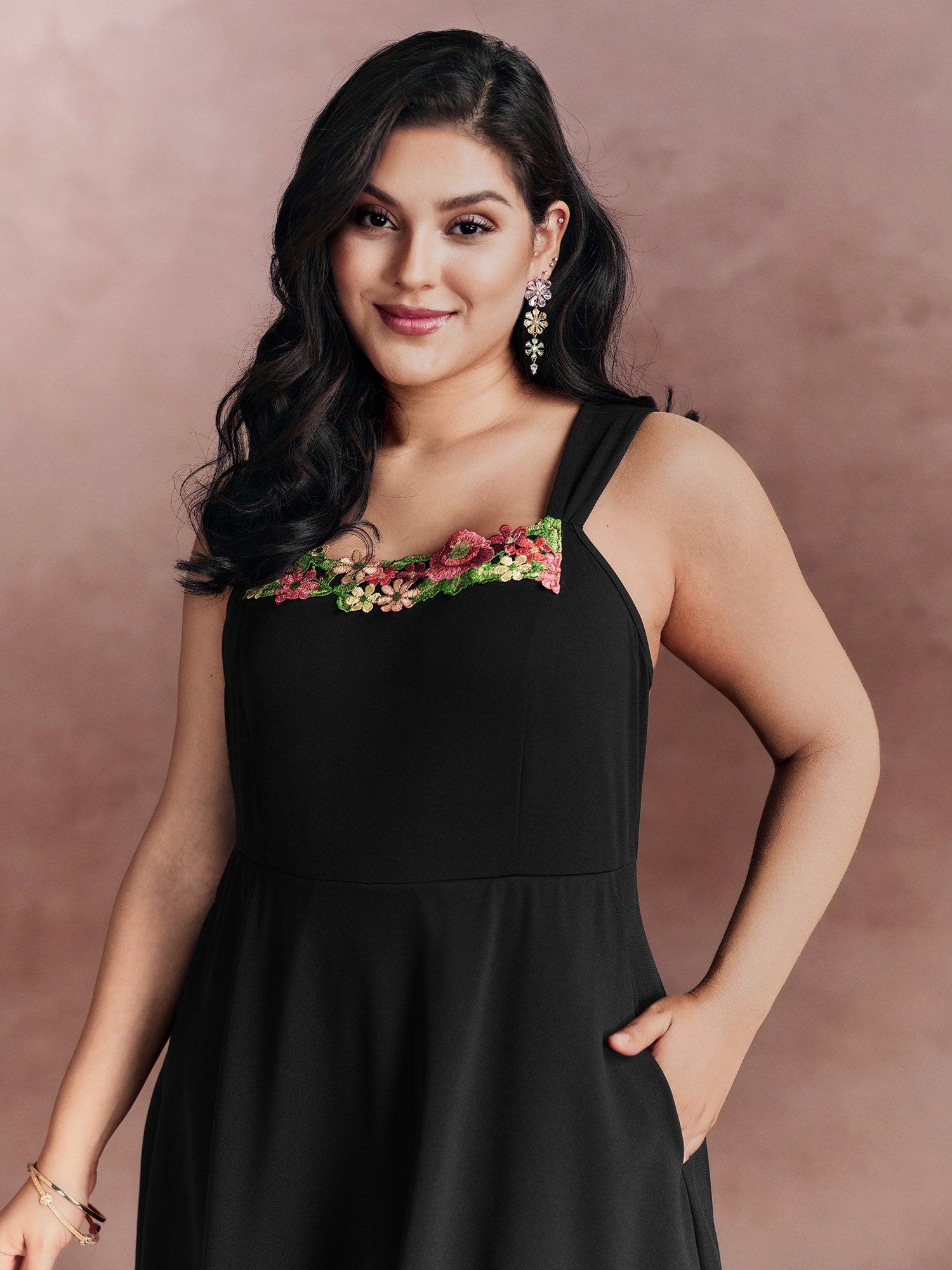 Floral Embroidered Neckline Built-in Bottoms Mini Dress