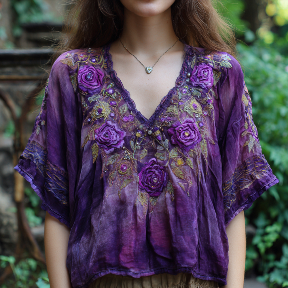 Bohemian Style Purple Tie-dye Rose Three-dimensional Embroidery Sequin Short-sleeved V-neck Top