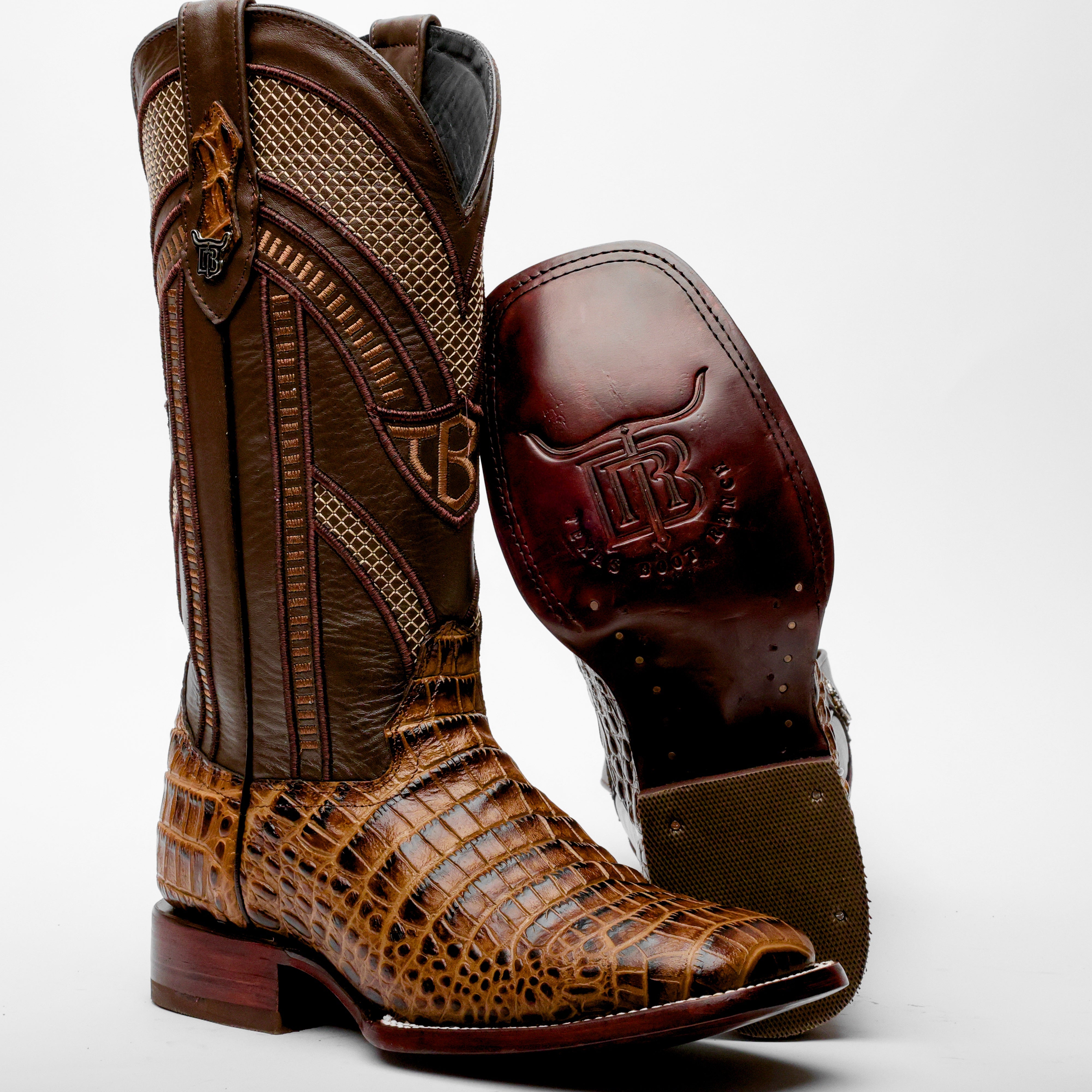 Honey Caiman Belly Leather Boots - Square Toe