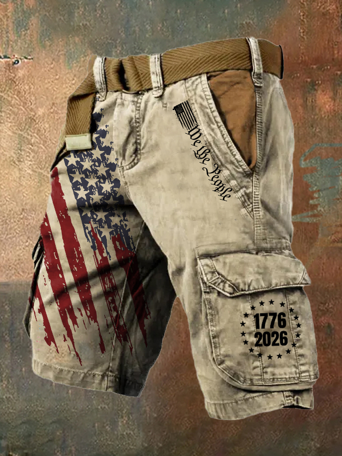 Men's Retro American Flag Print Multi-Pocket Cargo Pants