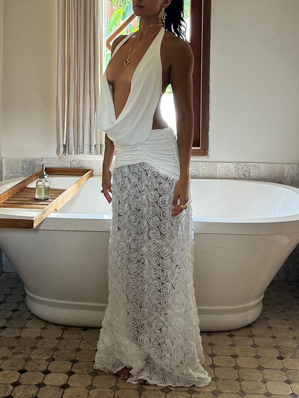 3D Flower Mesh Splicing Sleeveless Halterneck Sexy Memaid Maxi Dresses