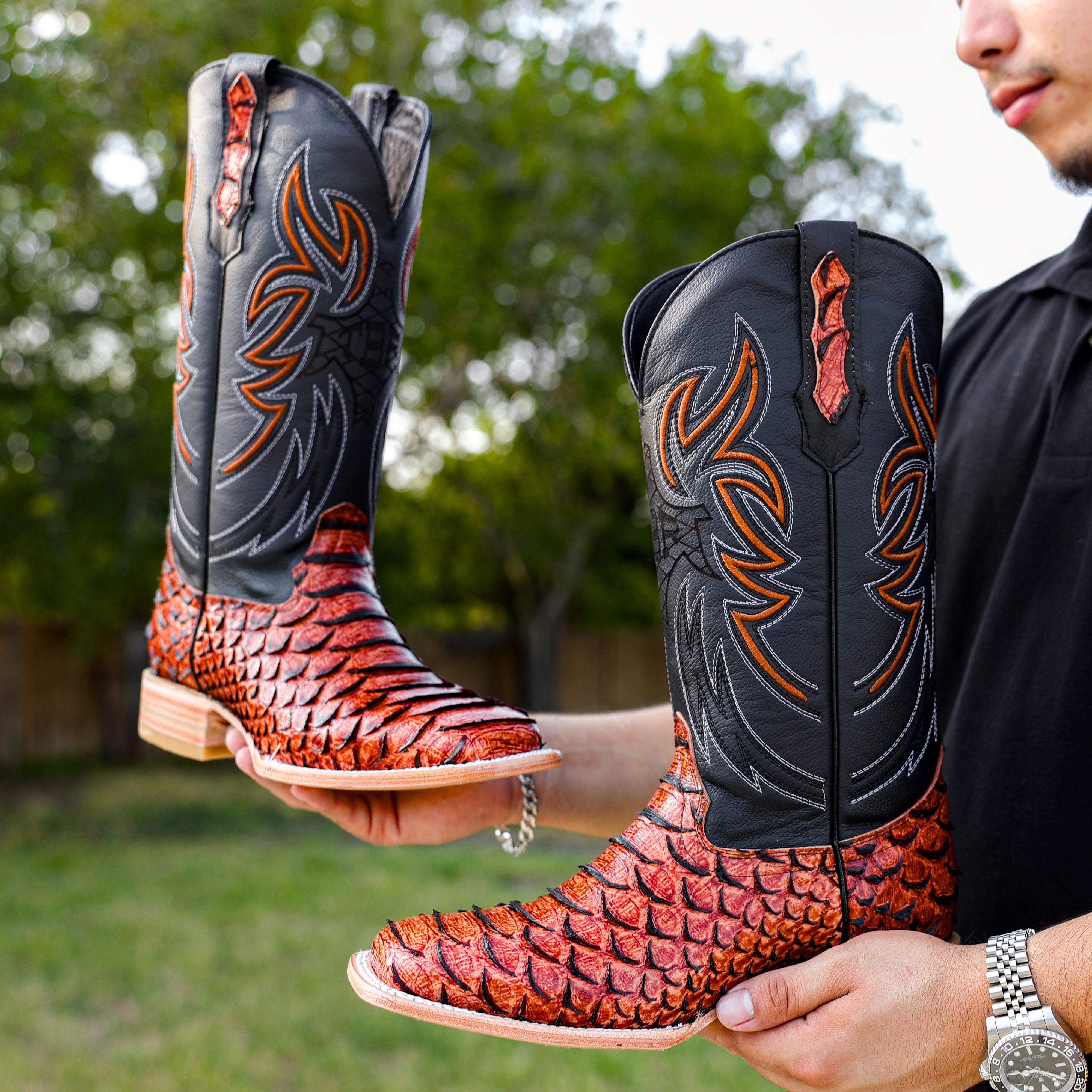 Cognac Python Leather Boots - Square Toe