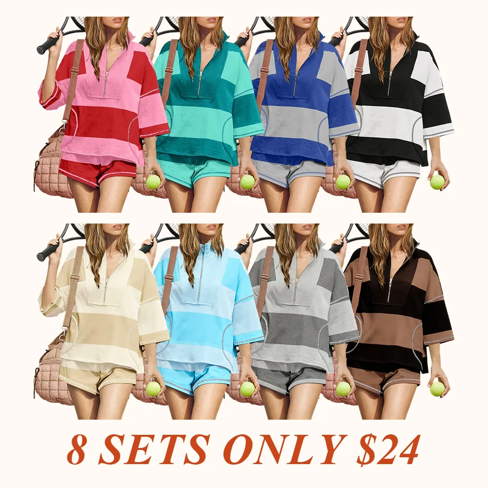 Women Striped Workout Set Two Piece Outfit Tracksuit Oversized Lounge Set