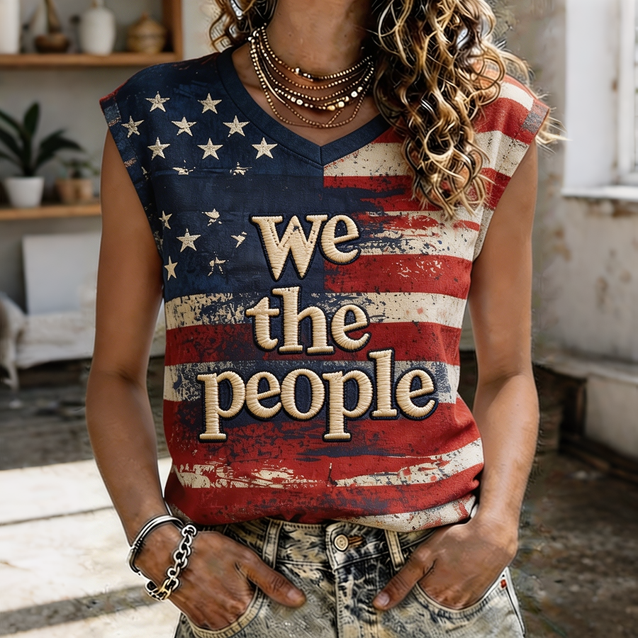 Women's We The People Retro USA Flag Sleeveless V-Neck Top