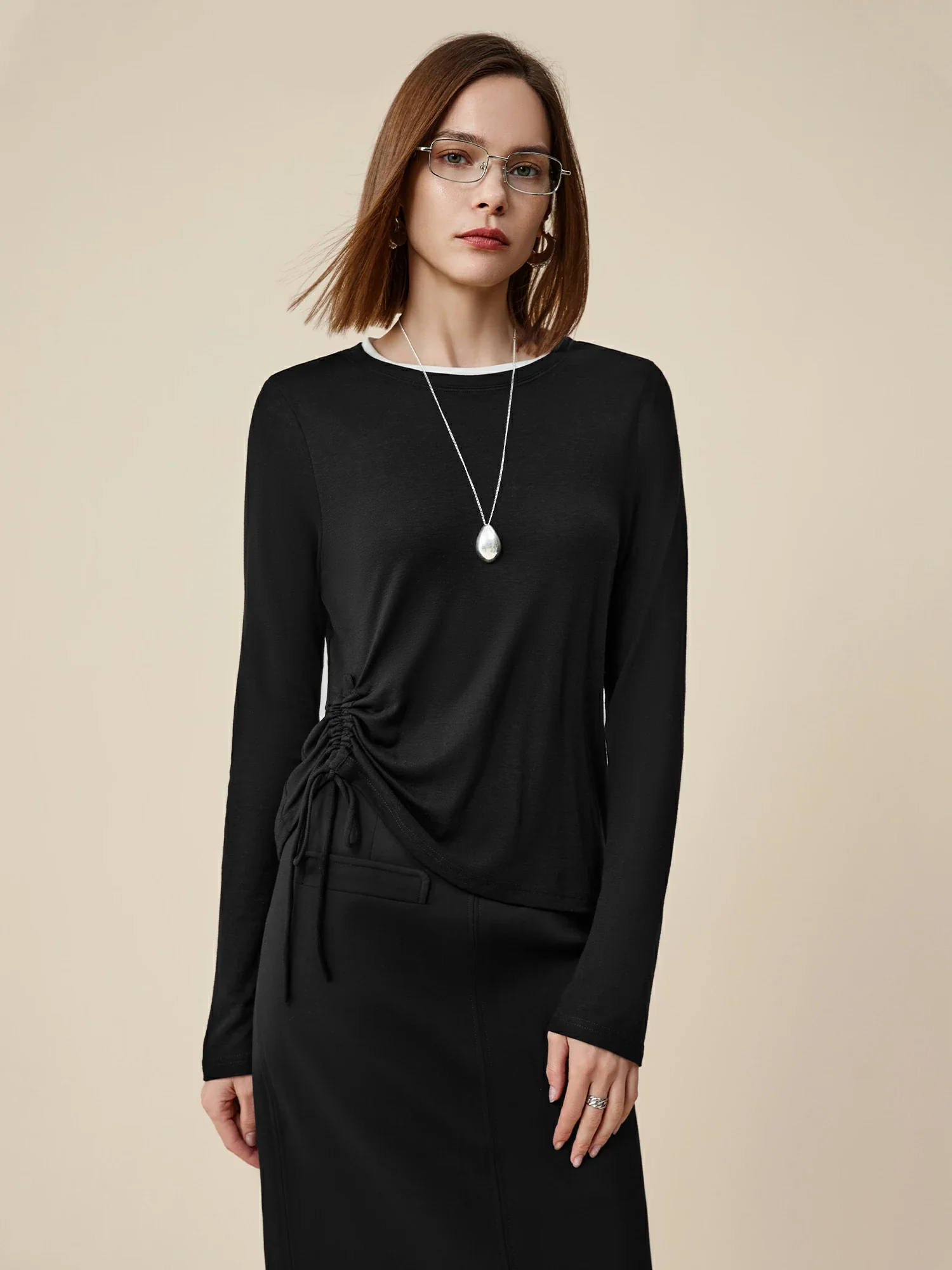 Lyocell & Wool Round Neck Long Sleeve Drawstring T-Shirt