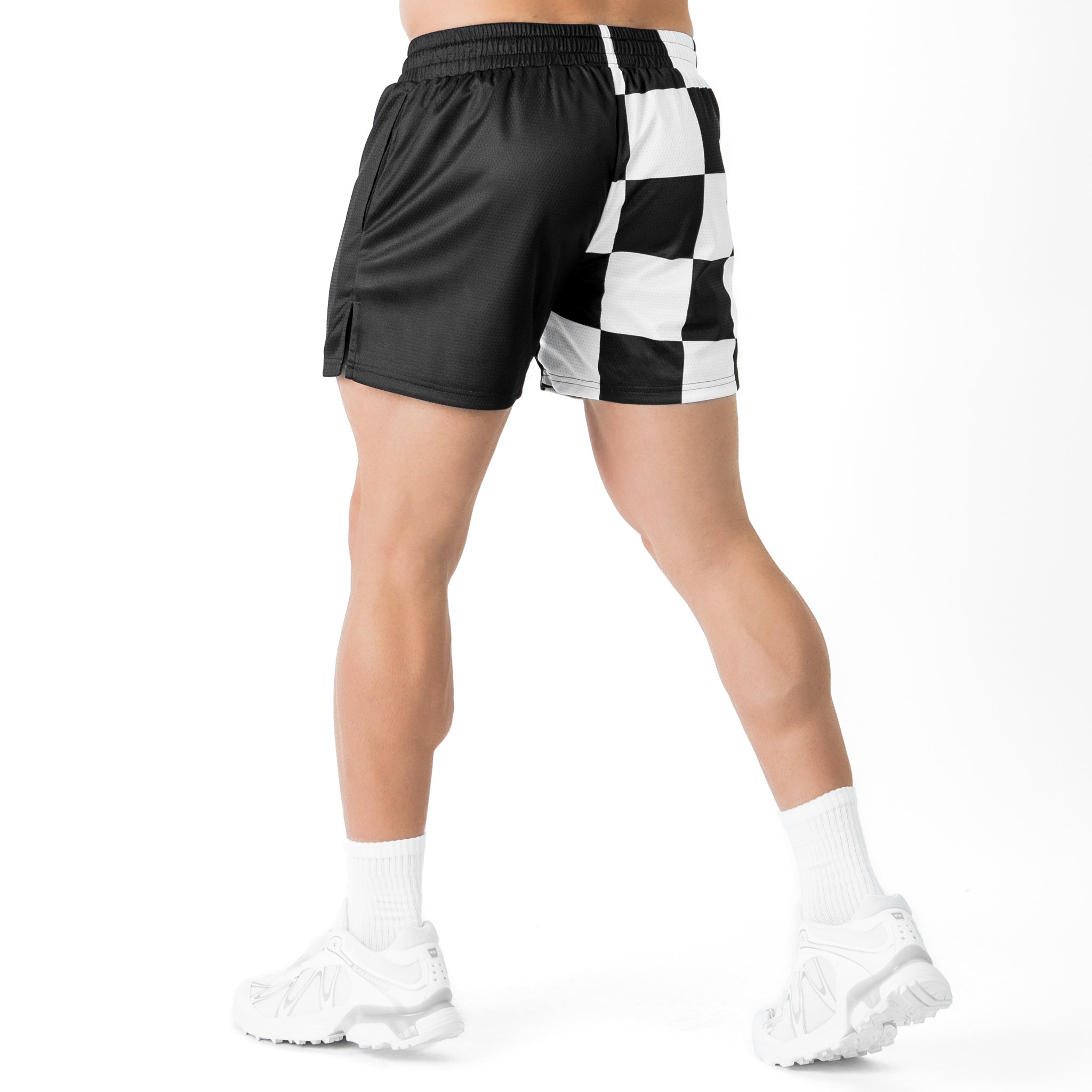 MUAY THAI SHORTS (MID THIGH CUT) CHECKER - BLACK / WHITE